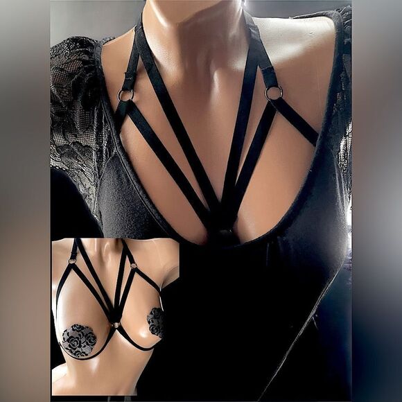 2-piece l Layering Strings l O-Ring String Bra l Black Lace Nipple Covers l New - Picture 6 of 9